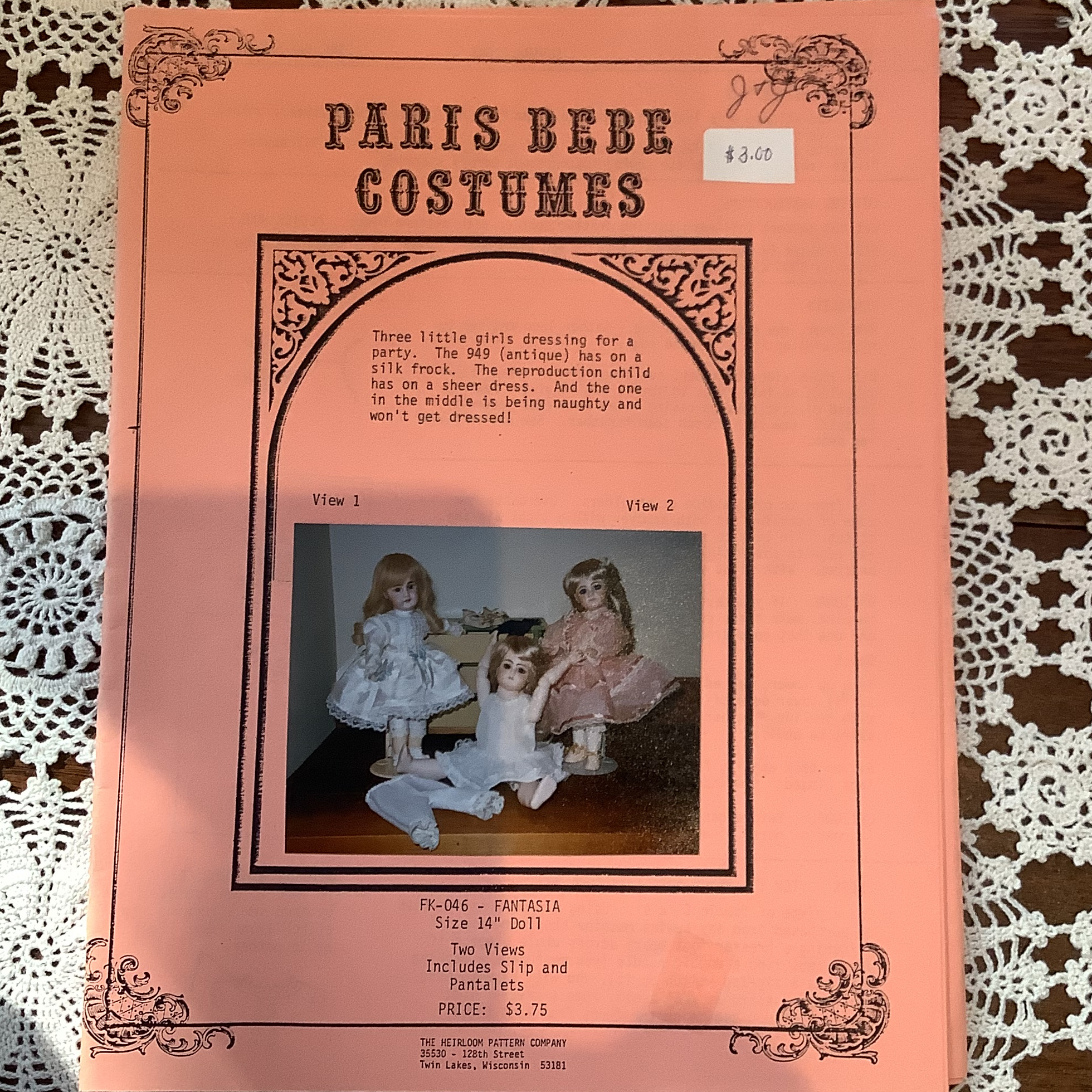 Sewing pattern to make a party dress, slip and pantalets for a 14-inch doll
