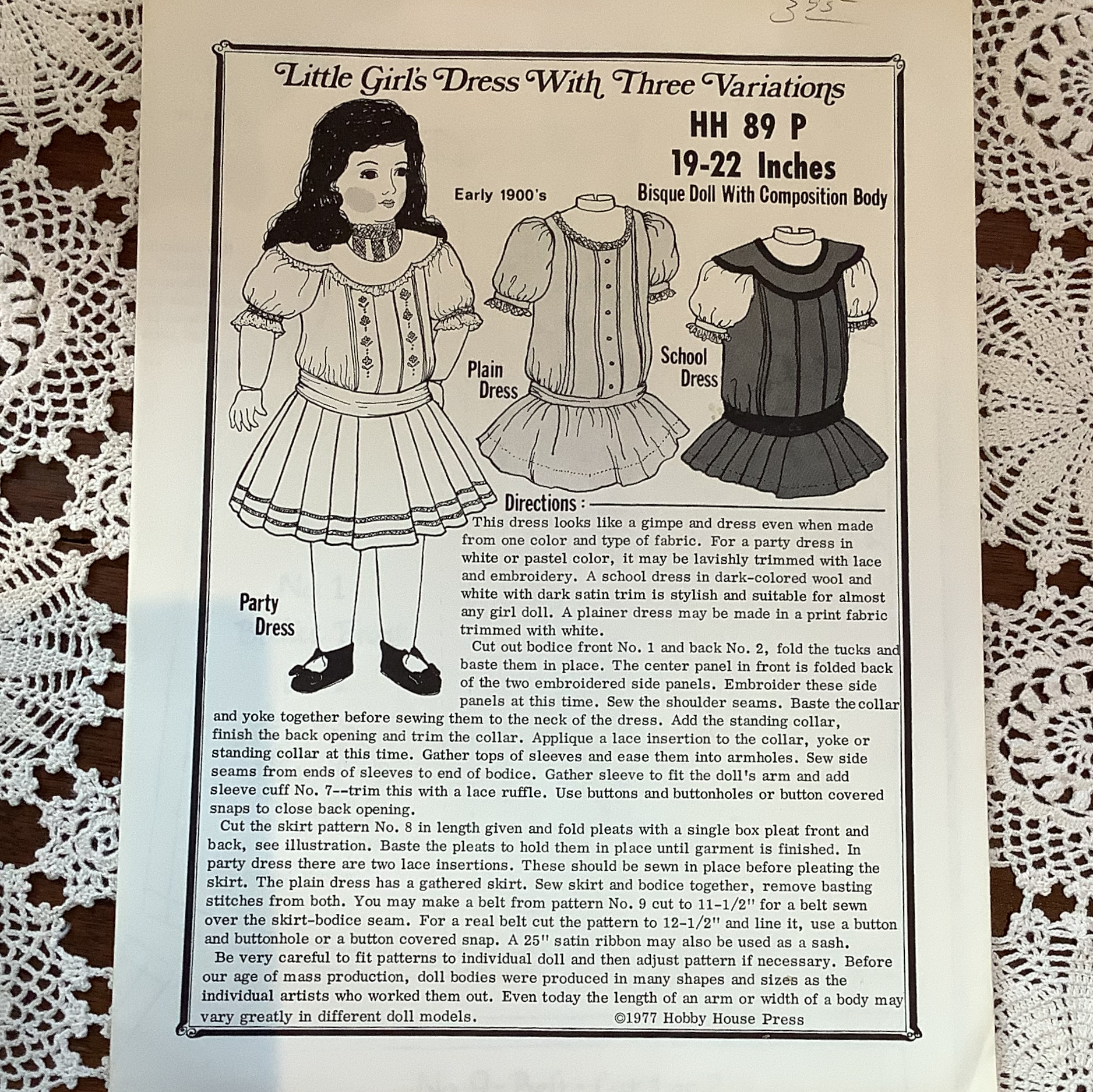 Sewing pattern to make short, drop-waisted children's dresses for 19 to 22-inch dolls