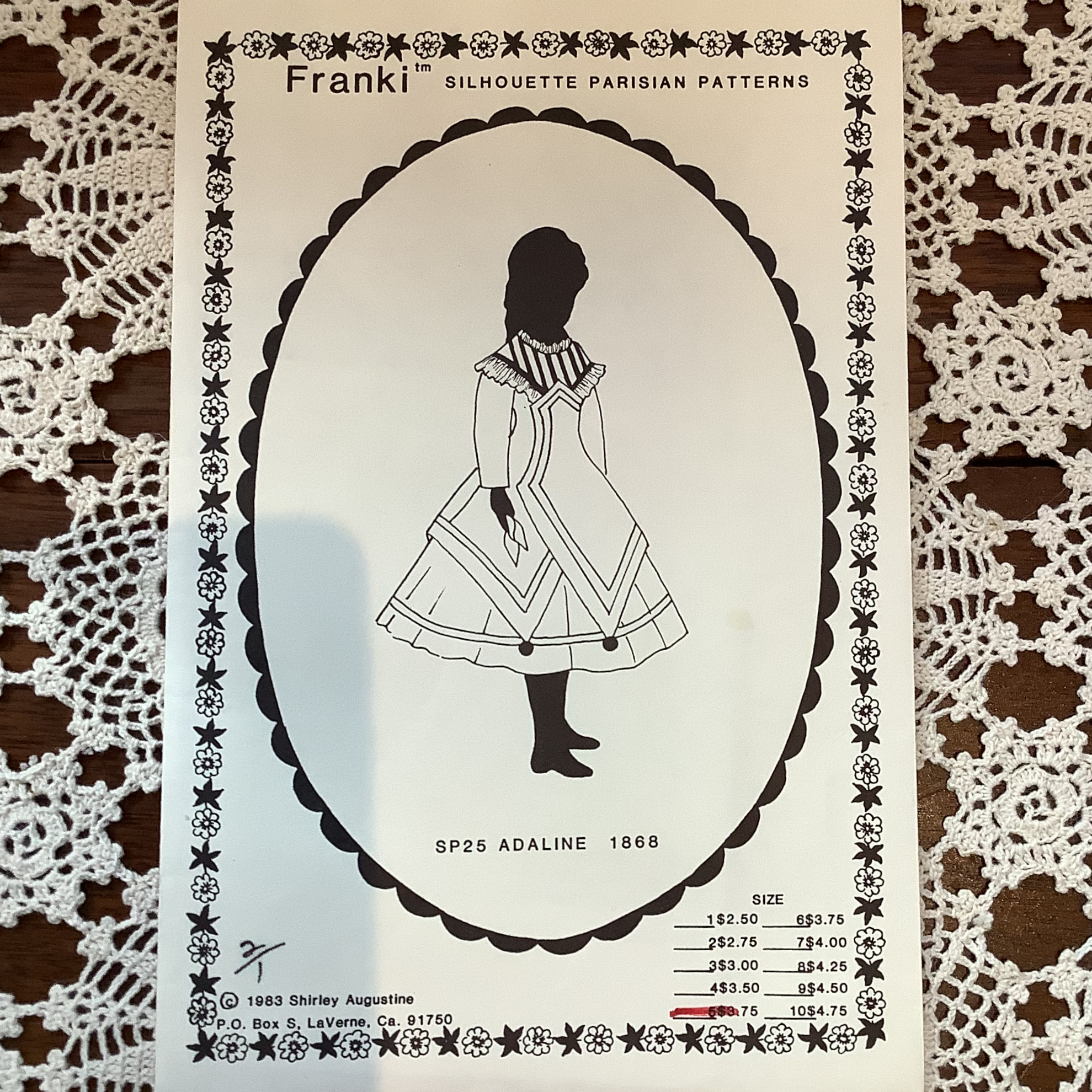 Pattern for a calf-length dress with large skirt and elaborate overlay